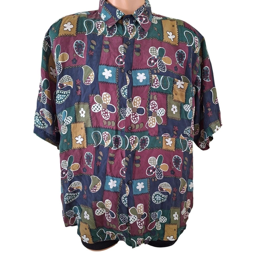 Montage Pour Homme Silk Button Down Mens Large Multicolor Patchwork Floral 90s